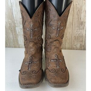 Roper‎ Girls Boots Size 3 Brown Rhinestone Round Toe Side Zip Cowgirl Western